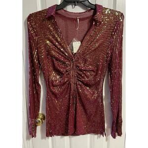 Free People Blouse Women M Burgundy Sequin Shimmery Ruched Long Sleeve Buttonup
